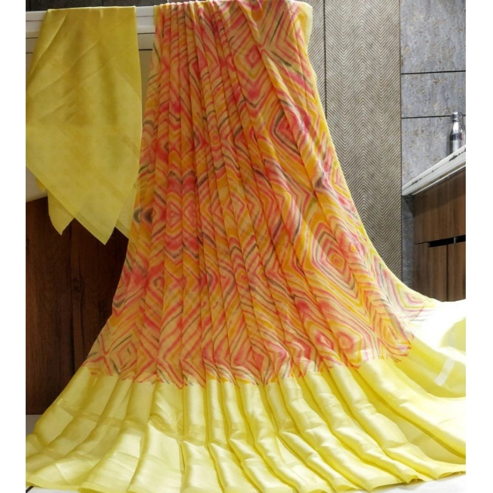 Amfyn Women's Satin Patta Printed Saree With Unstitched Blouse (Yellow)