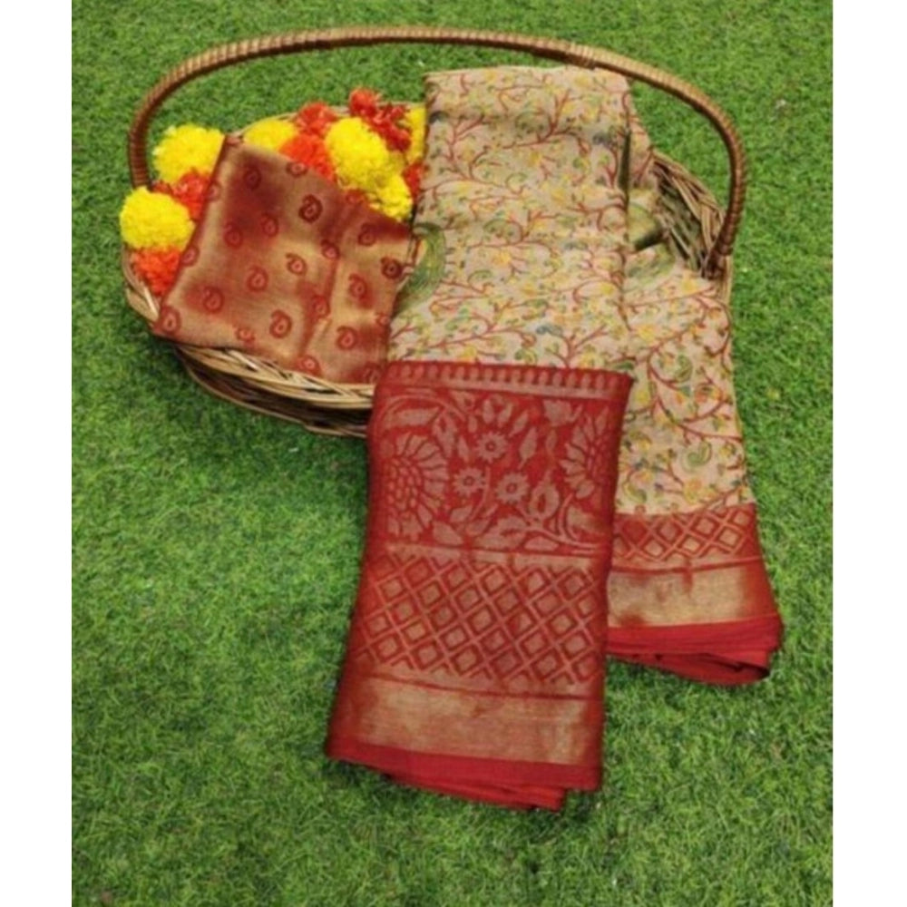 Amfyn Women's Viscose Rayon Printed Saree With Unstitched Blouse (Red)