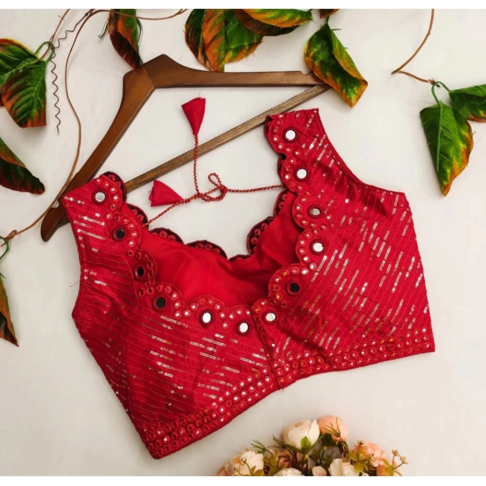 Amfyn Women's Cotton Silk Embellished Padded Cup Readymade Blouse (Red, Size: Free Size)