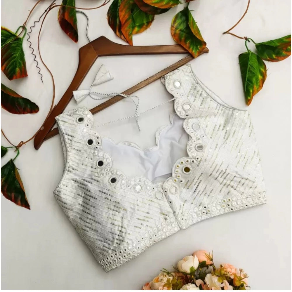 Amfyn Women's Cotton Silk Embellished Padded Cup Readymade Blouse (White, Size: Free Size)