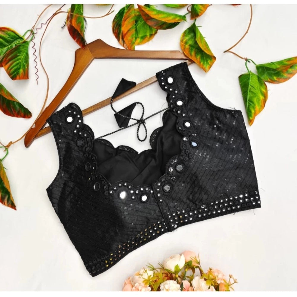 Amfyn Women's Cotton Silk Embellished Padded Cup Readymade Blouse (Black, Size: Free Size)