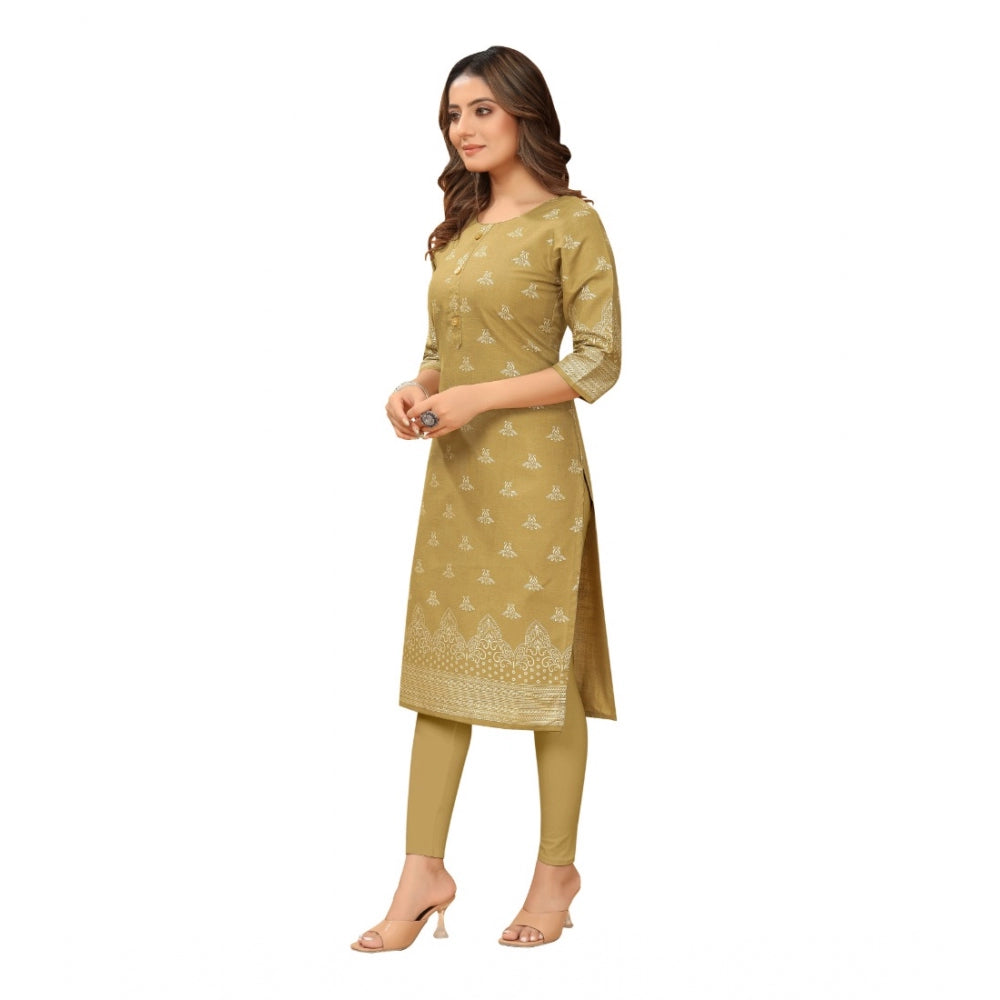 Amfyn Women's Casual 3/4th Sleeve Foil Gold Printed Ruby Cotton Kurti (Mustard)