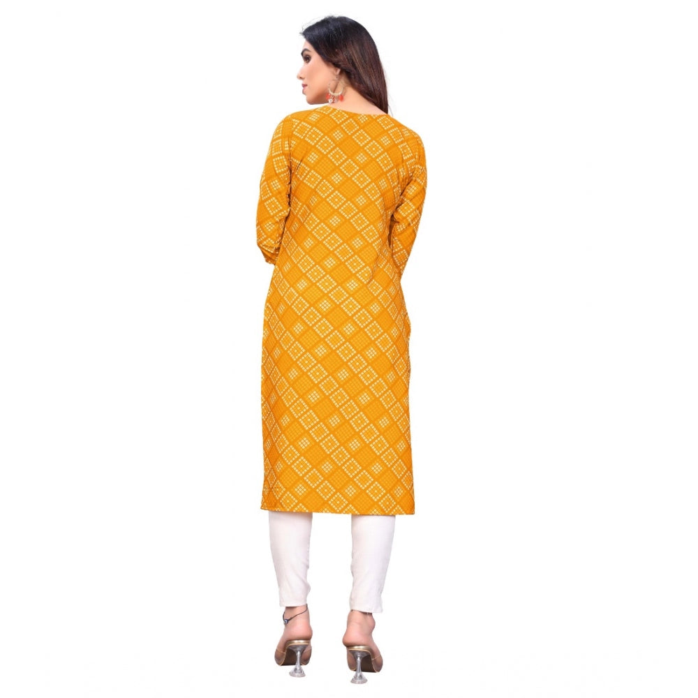 Amfyn Women's Casual 3/4th Sleeve Bandhani Printed Crepe Kurti (Yellow)