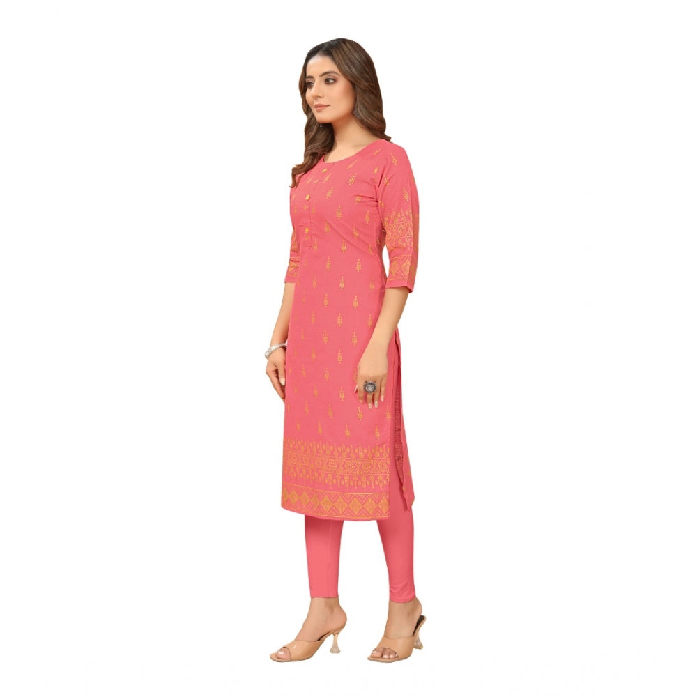 Amfyn Women's Casual 3/4th Sleeve Foil Gold Printed Ruby Cotton Kurti (Peach)