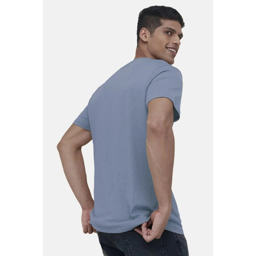 Amfyn Men's Casual Half sleeve Solid Cotton V Neck T-shirt (Blue)
