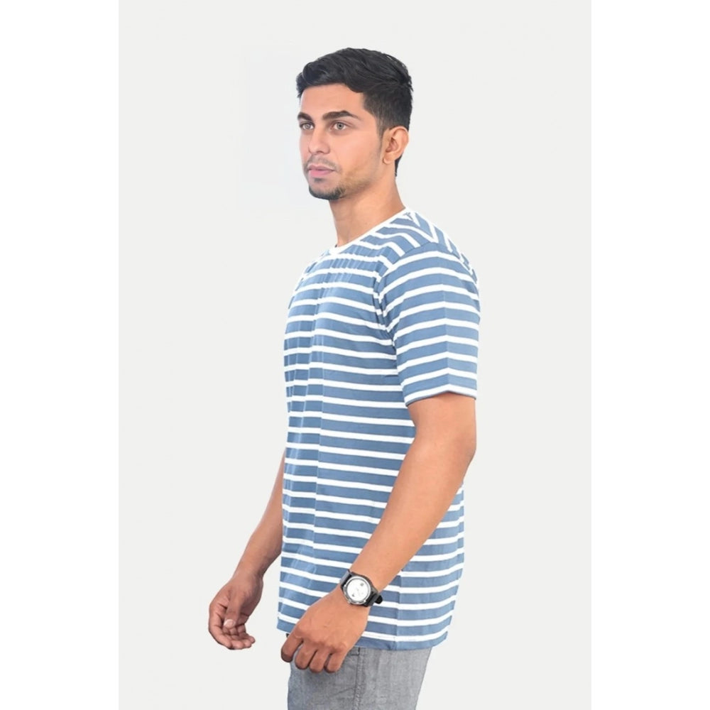 Amfyn Men's Casual Half sleeve Stripped Cotton Crew Neck T-shirt (Blue)
