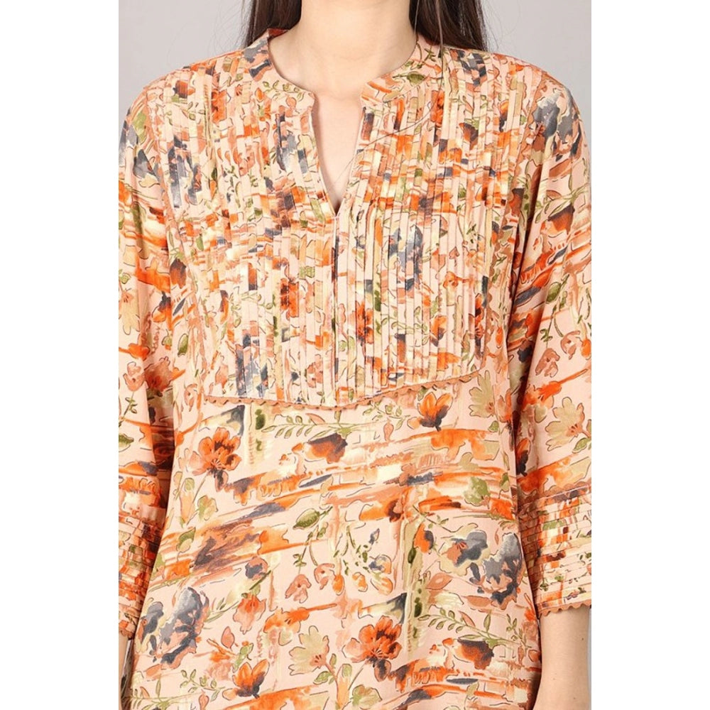 Amfyn Women's Casual 3/4 Sleeve Viscose Rayon Printed Kurti (Orange)