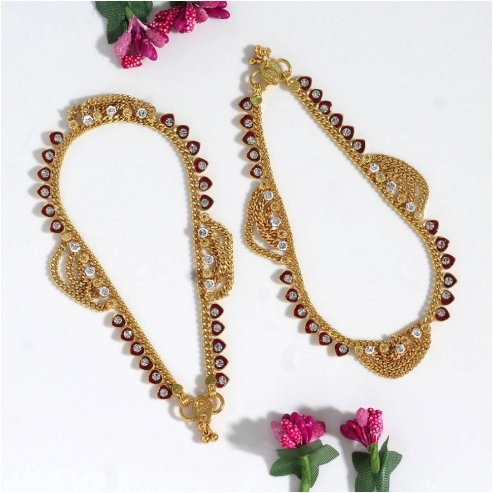 Fashion Women's Maroon Color Rhinestone Anklets (Free Size: Upto 10")