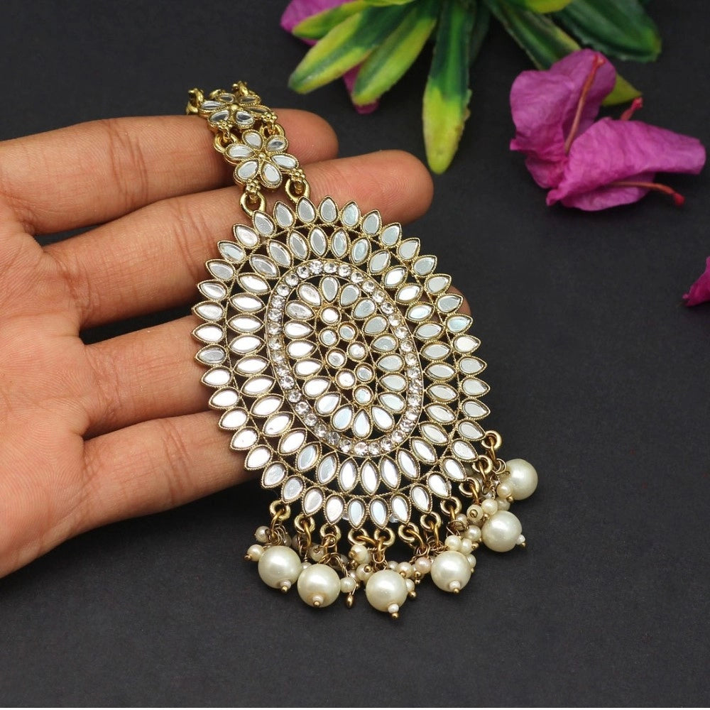 Fashion Women's White Color Mirror Work Maang Tikka