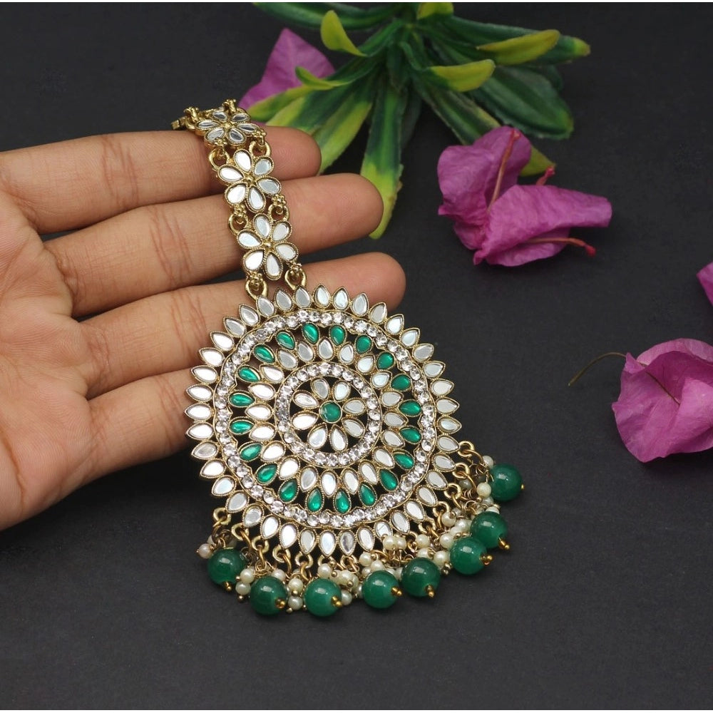Fashion Women's Green Color Mirror Work Maang Tikka