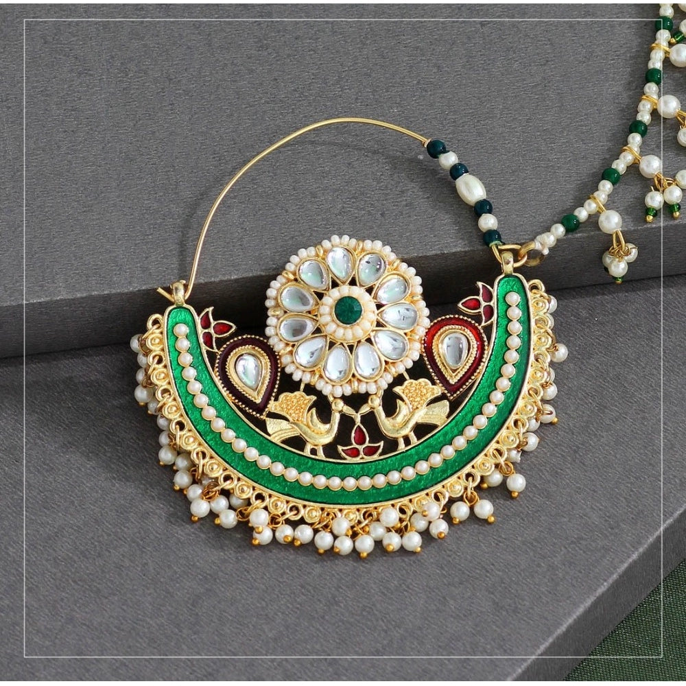 Fashion Women's Green Color Kundan & Beads Nose Nath