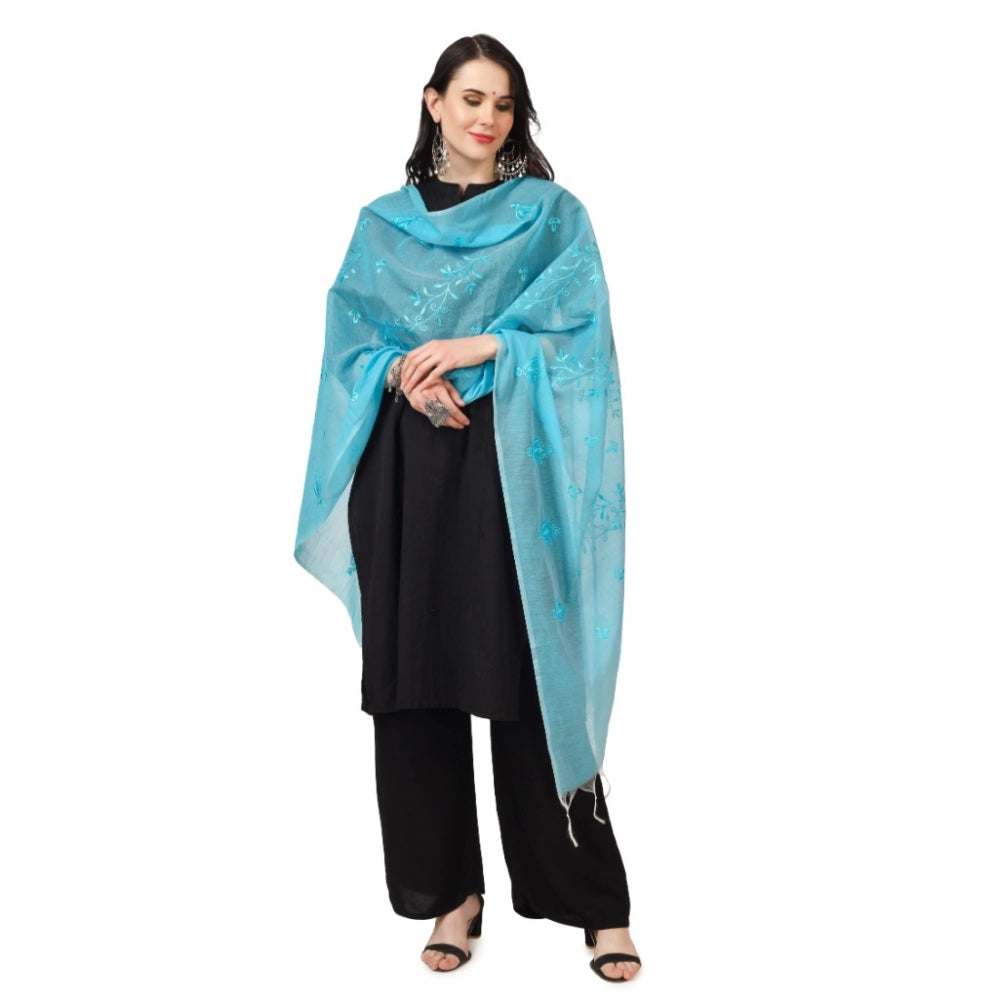 Amfyn Women's Cotton Embroidered Dupatta (Aqua Blue, Length: 2.25 to 2.50 Mtr)