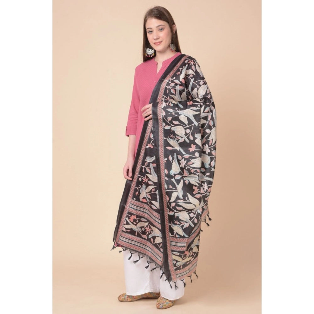 Amfyn Women's Art Silk Printed Dupatta (Black, Length: 2.25 to 2.50 Mtr)