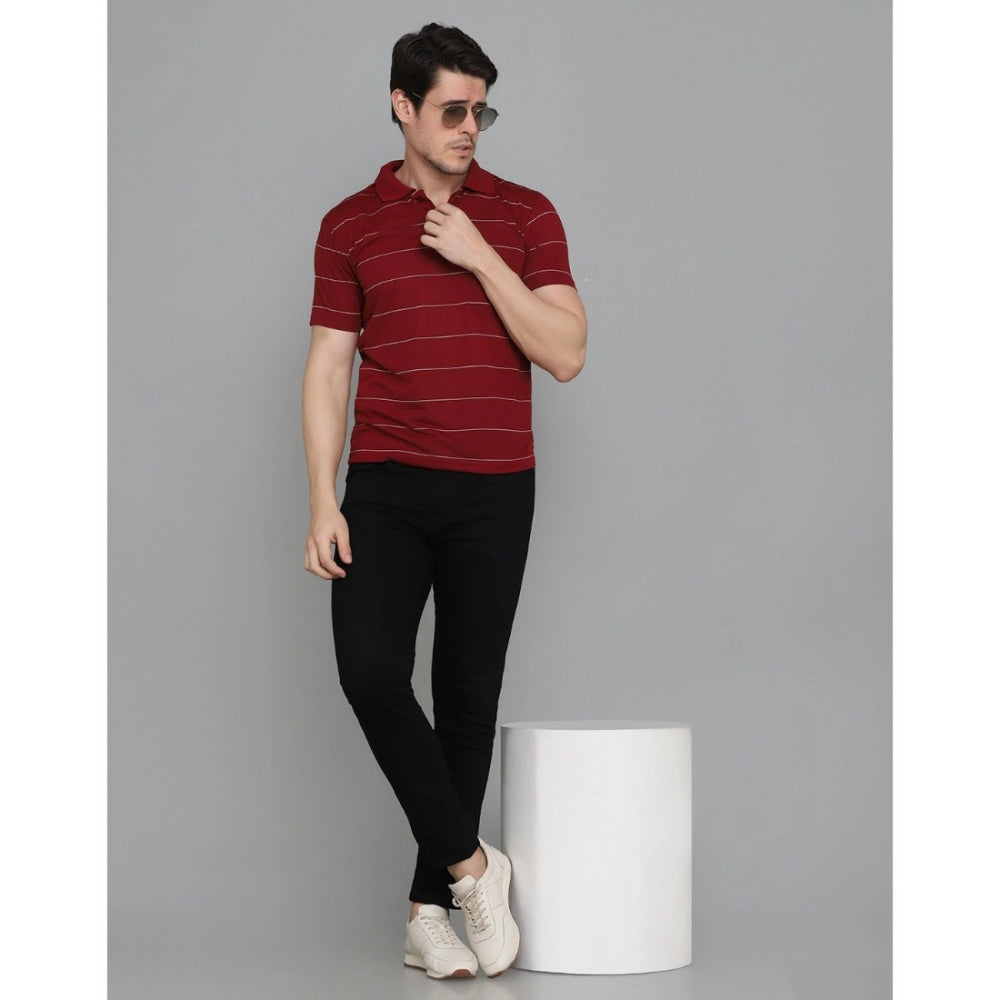 Amfyn Men's Casual Half Sleeve Striped Cotton Blended Polo Neck T-shirt (Maroon)