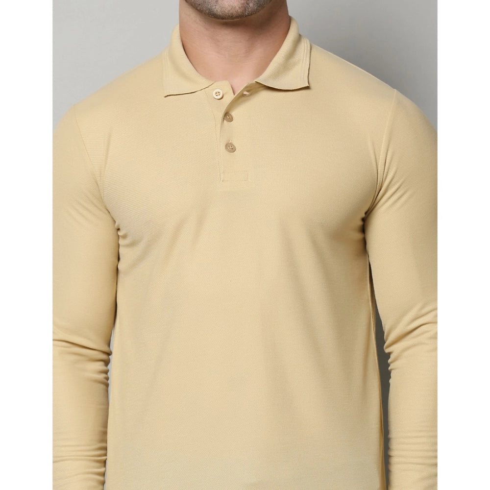 Amfyn Men's Casual Full Sleeve Solid Cotton Blended Polo Neck T-shirt (Beige)