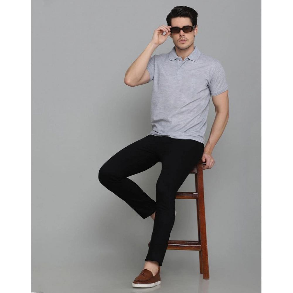 Amfyn Men's Casual Half Sleeve Solid Cotton Blended Polo Neck T-shirt (Grey)