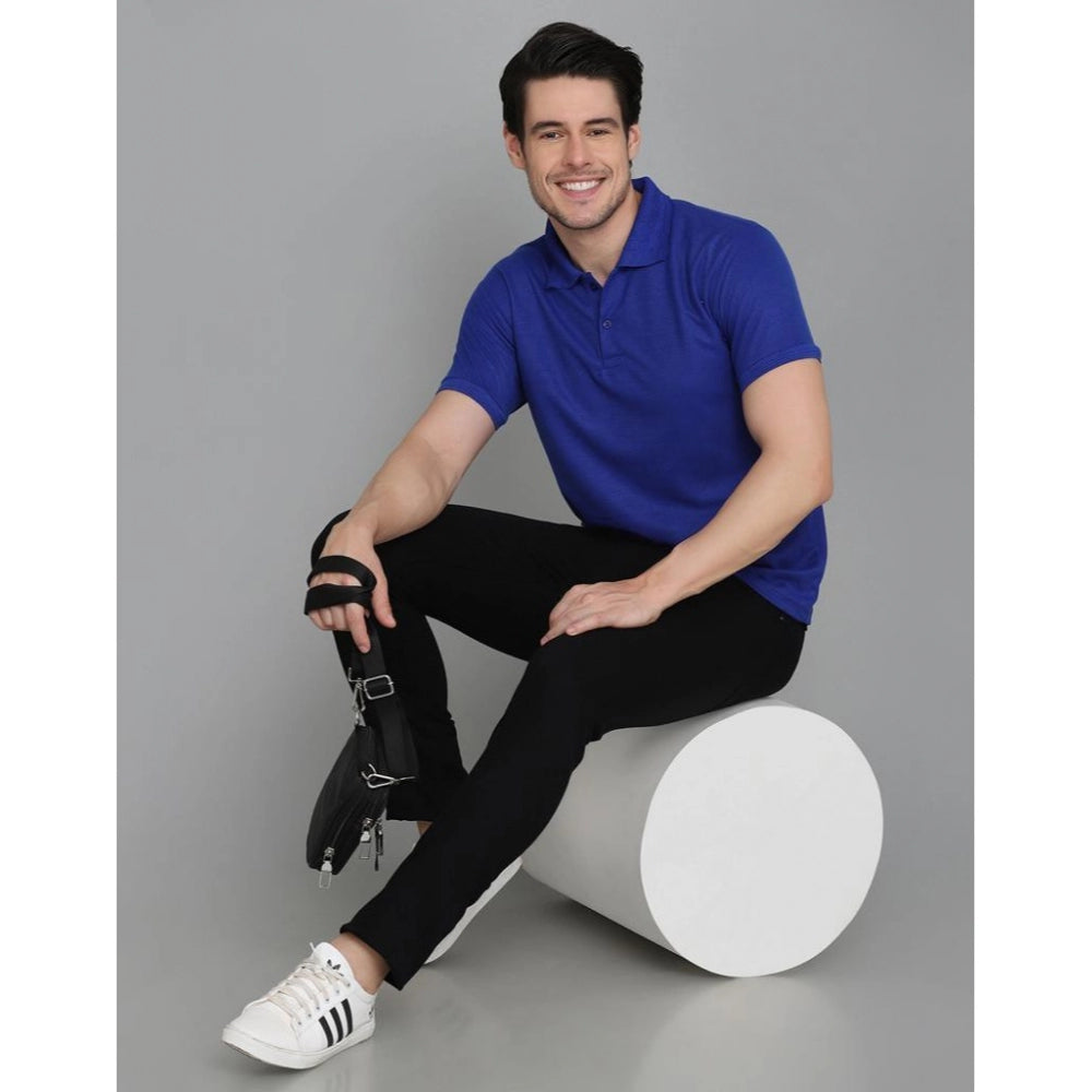 Amfyn Men's Casual Half Sleeve Solid Cotton Blended Polo Neck T-shirt (Blue)