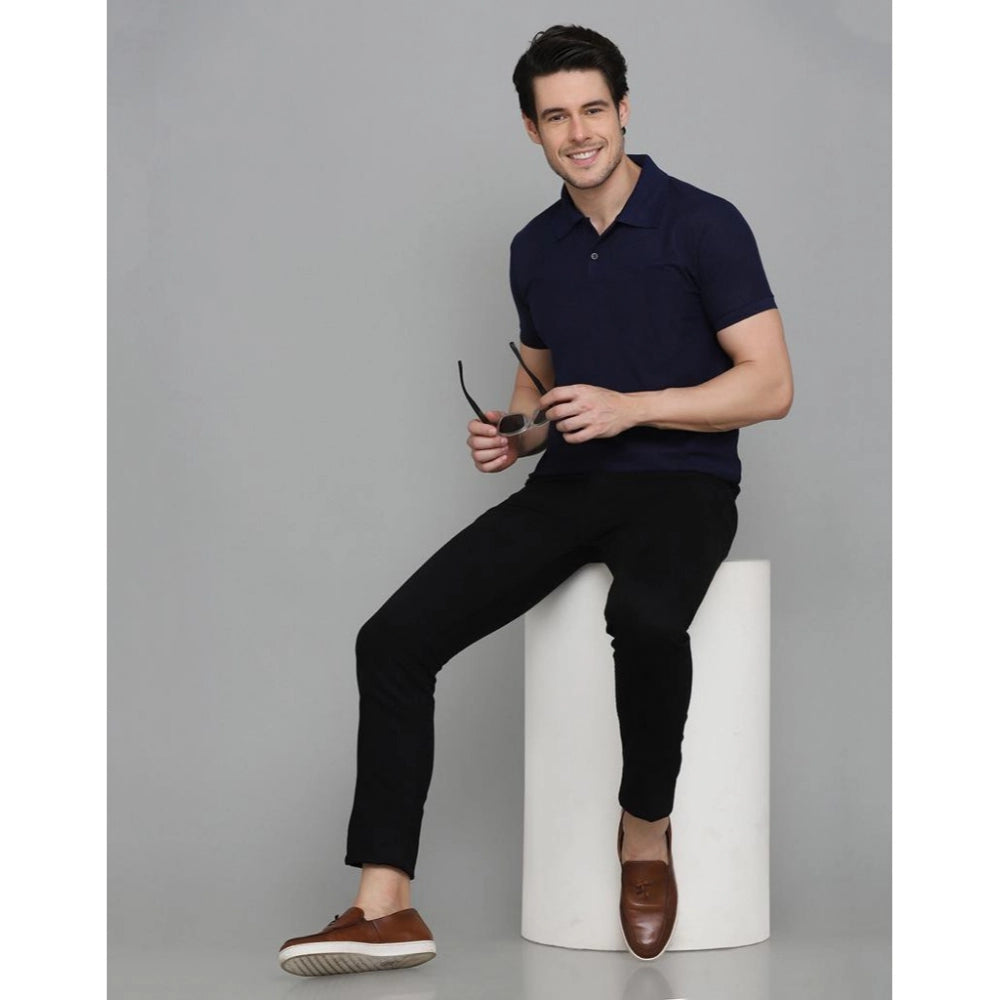 Amfyn Men's Casual Half Sleeve Solid Cotton Blended Polo Neck T-shirt (Navy Blue)