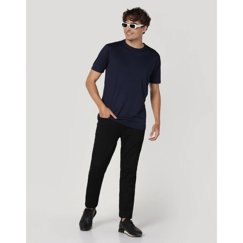 Amfyn Men's Casual Half Sleeve Solid Polyester Round Neck T-shirt (Navy)