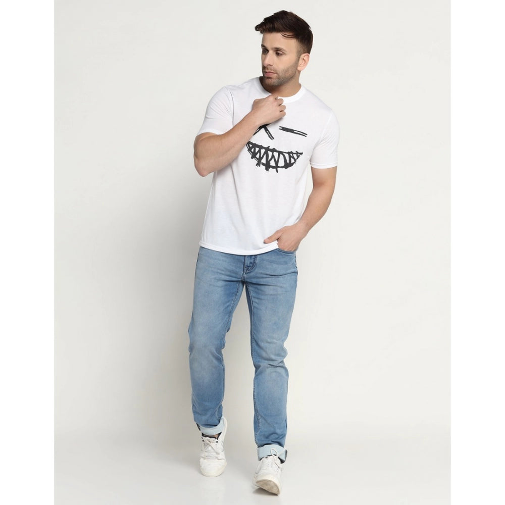 Amfyn Men's Casual Half Sleeve Printed Cotton Blended Round Neck T-shirt (White)
