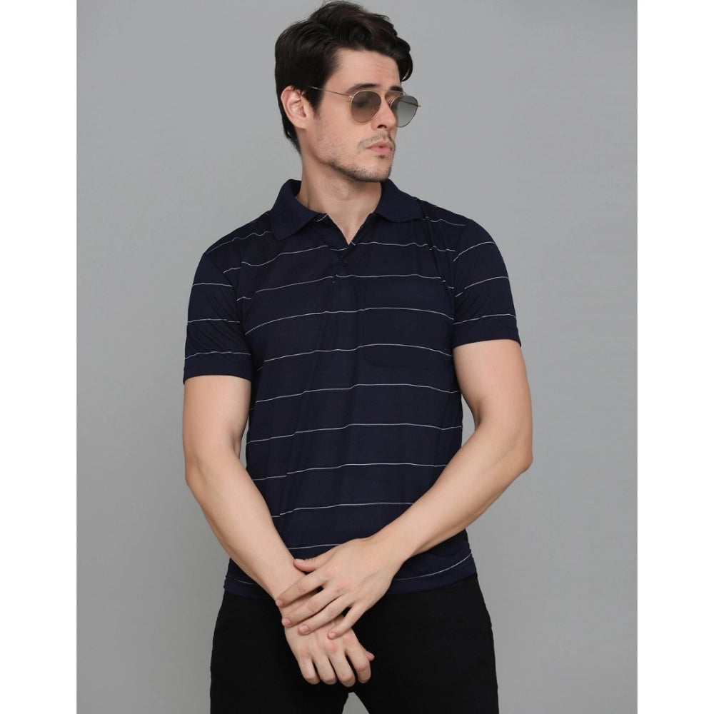 Amfyn Men's Casual Half Sleeve Striped Cotton Blended Polo Neck T-shirt (Navy)