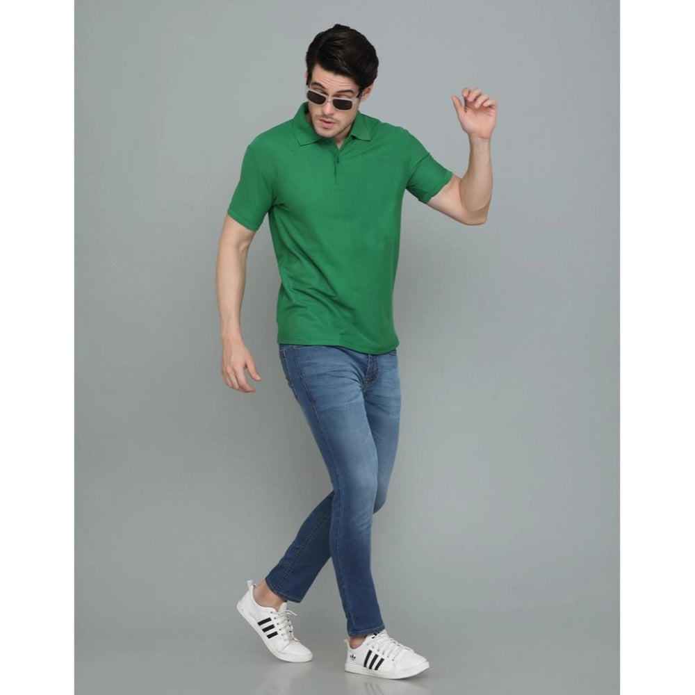 Amfyn Men's Casual Half Sleeve Solid Cotton Blended Polo Neck T-shirt (Green)