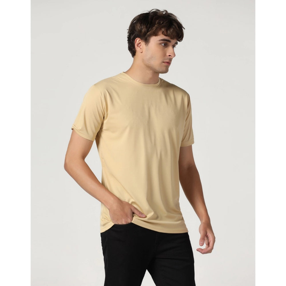 Amfyn Men's Casual Half Sleeve Solid Polyester Round Neck T-shirt (Beige)