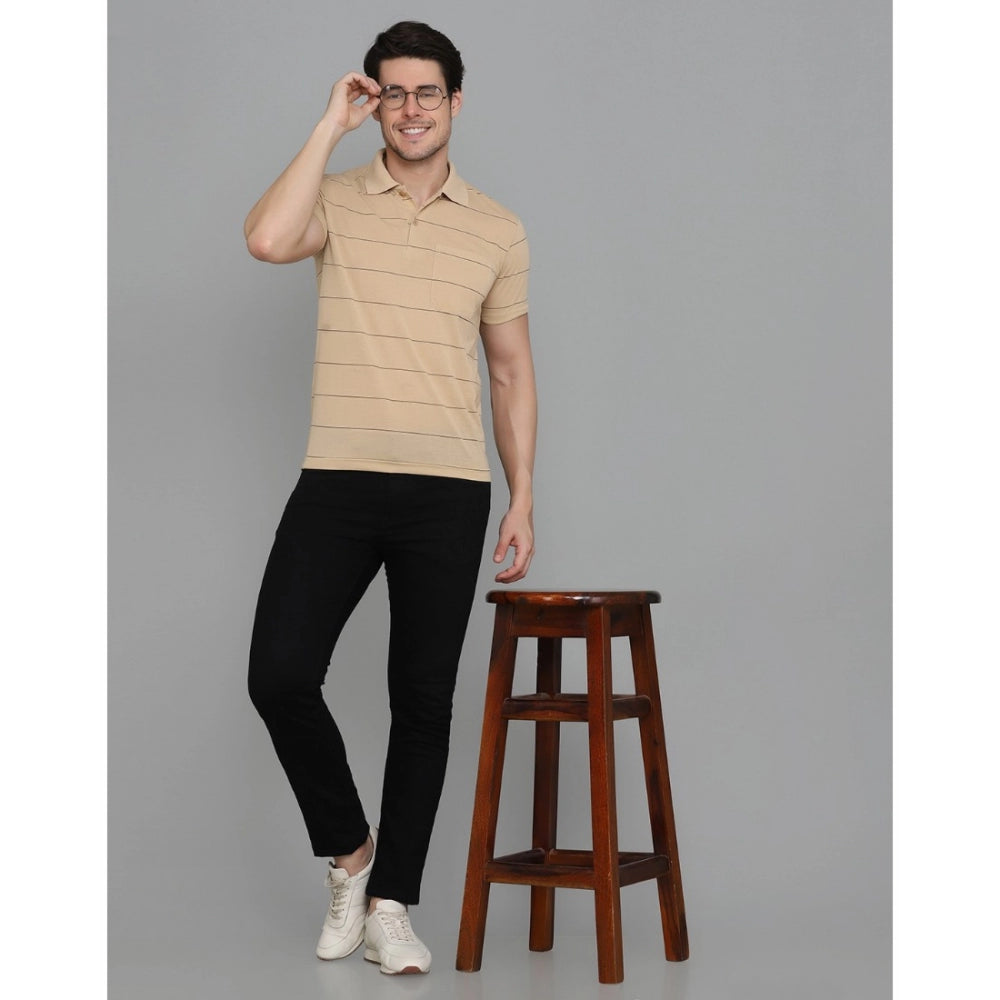 Amfyn Men's Casual Half Sleeve Striped Cotton Blended Polo Neck T-shirt (L.Beige)