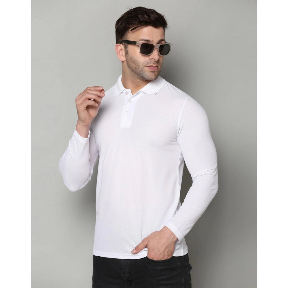 Amfyn Men's Casual Full Sleeve Solid Cotton Blended Polo Neck T-shirt (White)