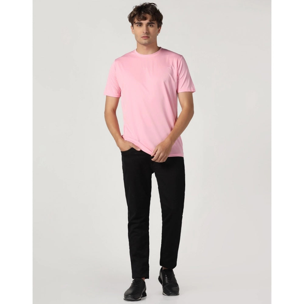 Amfyn Men's Casual Half Sleeve Solid Polyester Round Neck T-shirt (Pink)
