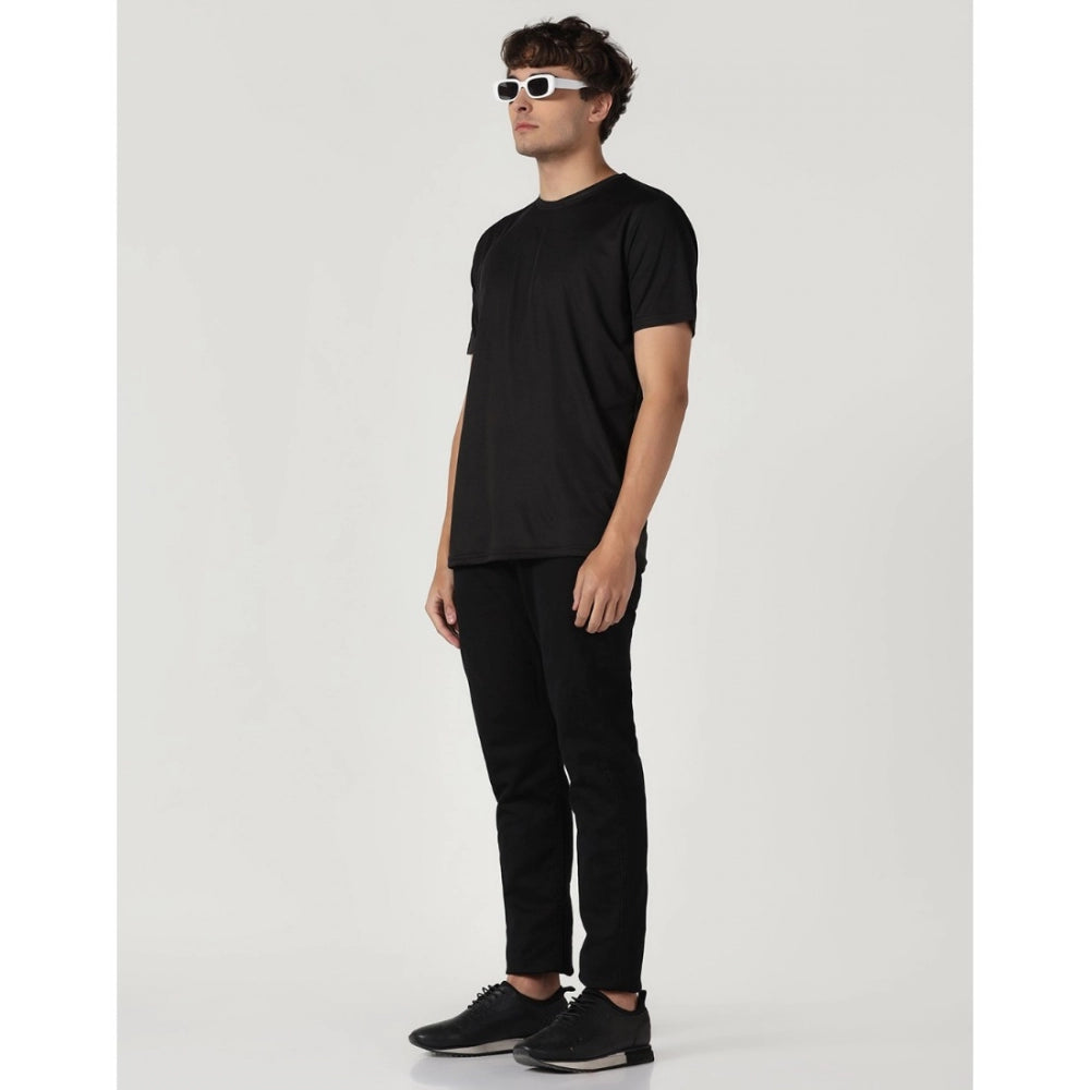 Amfyn Men's Casual Half Sleeve Solid Polyester Round Neck T-shirt (Black)