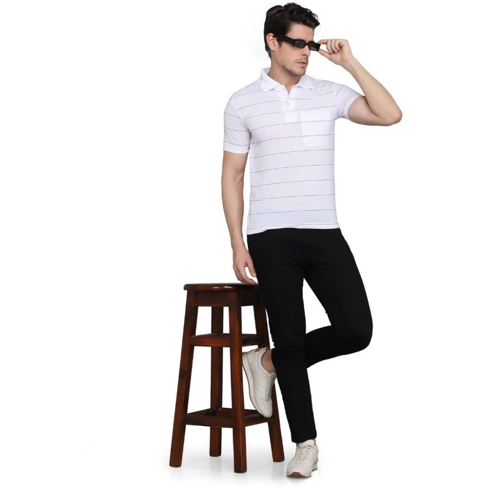 Amfyn Men's Casual Half Sleeve Striped Cotton Blended Polo Neck T-shirt (White)