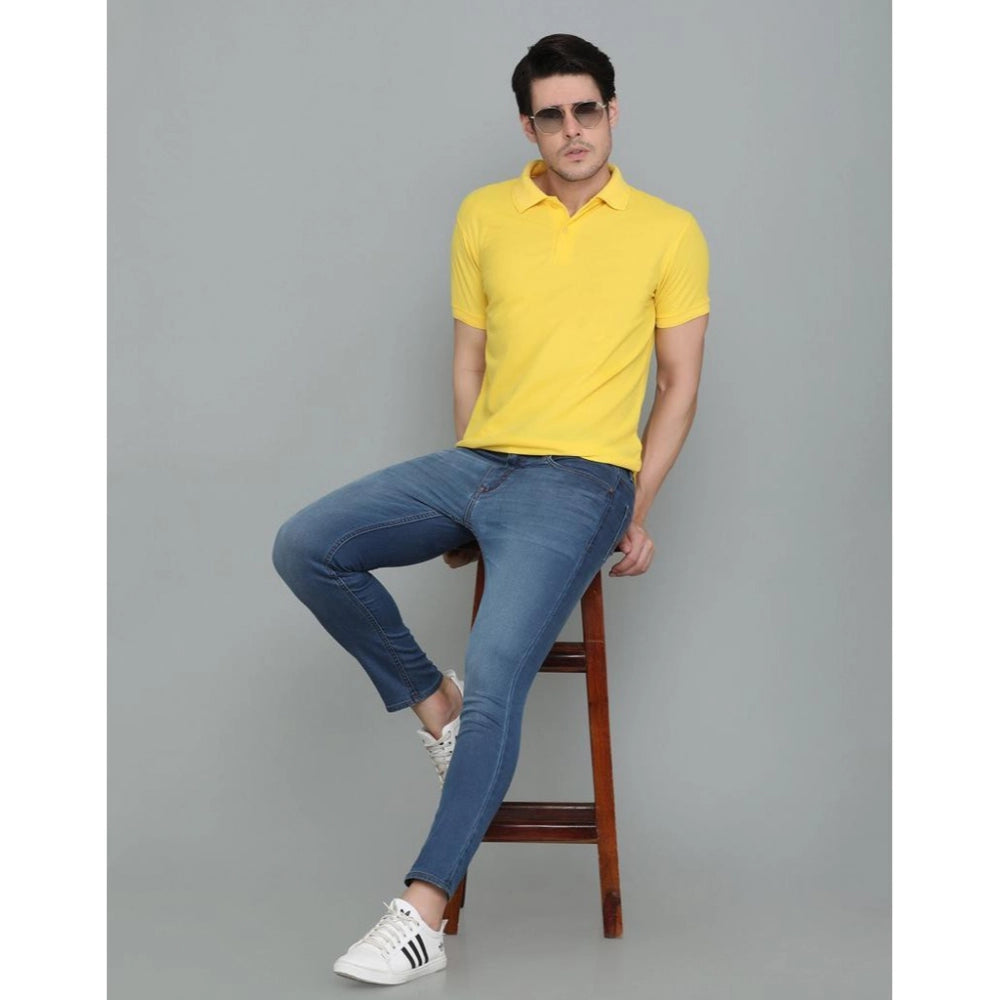 Amfyn Men's Casual Half Sleeve Solid Cotton Blended Polo Neck T-shirt (Yellow)