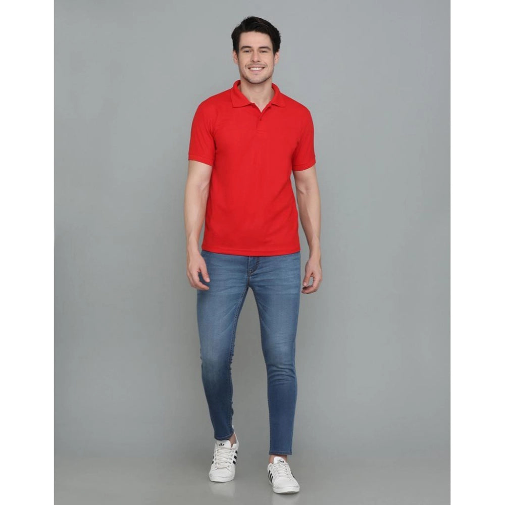 Amfyn Men's Casual Half Sleeve Solid Cotton Blended Polo Neck T-shirt (Red)