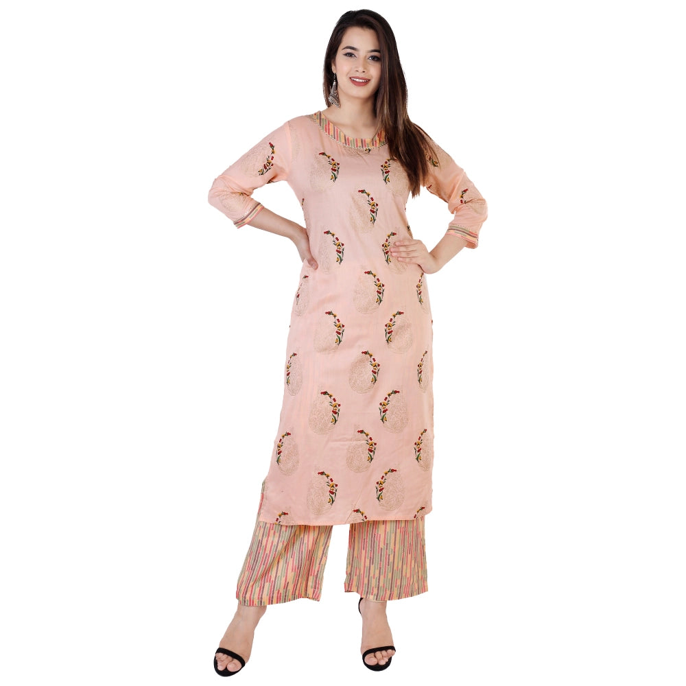 Amfyn Women's Casual 3/4 Sleeve Printed Rayon Kurti With Palazzo Set (Peach)