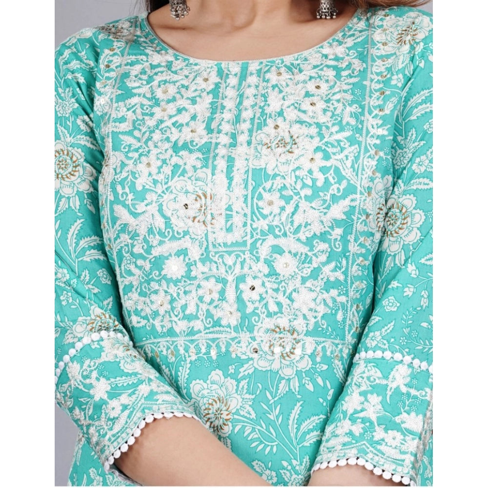 Amfyn Women's Casual 3/4 Sleeve Embroidered Rayon Kurti With Pant And Dupatta Set (Sea Green)