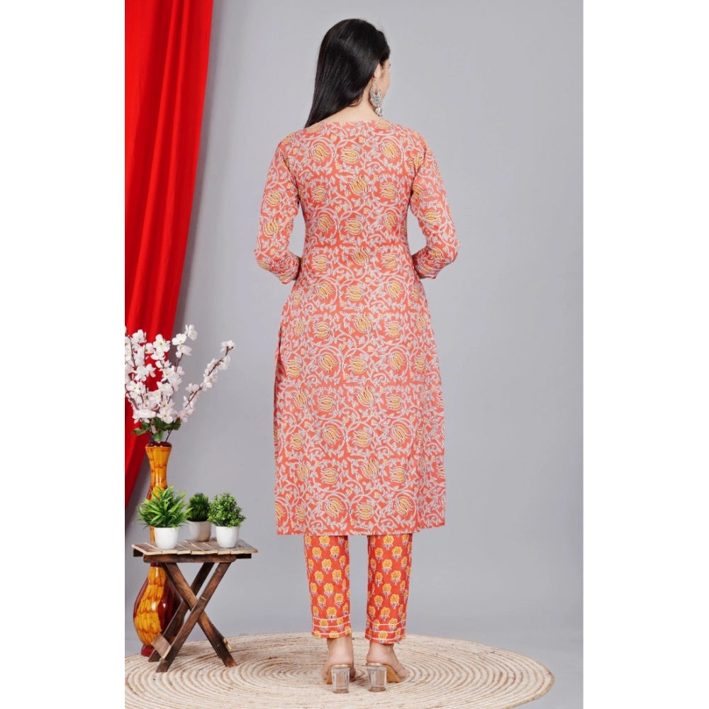Amfyn Women's Casual 3/4 Sleeve Printed Rayon Kurti With Pant Set (Peach)