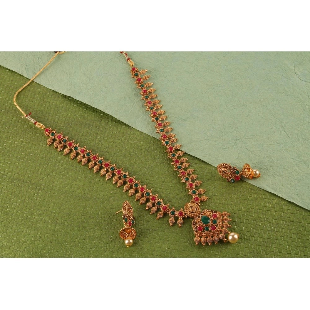 Amfyn Women's Rose Gold Plated Alloy Necklace & Earings Set (Green & Red)