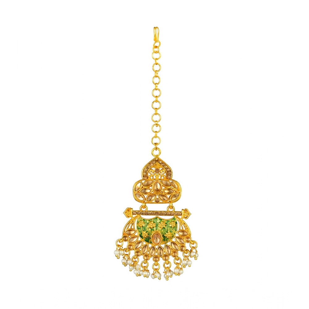 Amfyn Women's Rose Gold Plated Alloy Kundan Earrings & Mangtikka (Green)