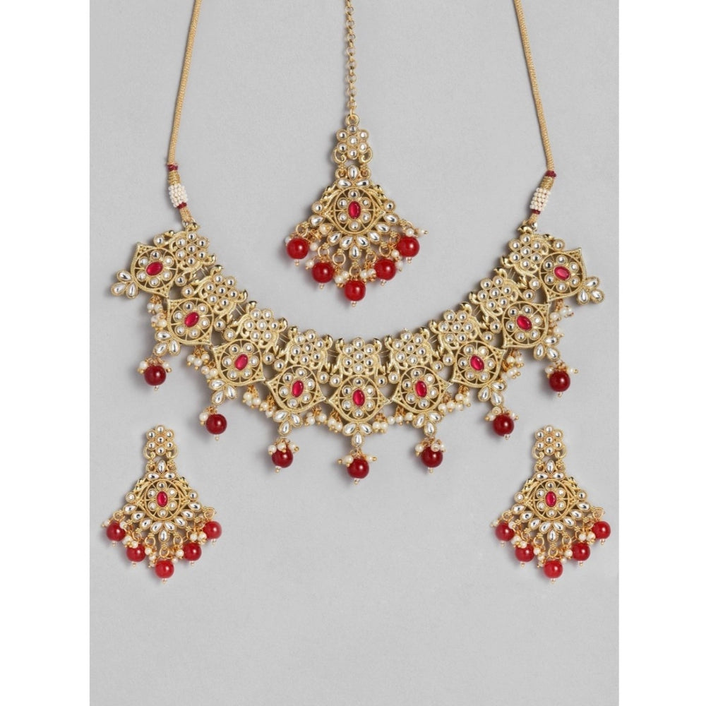 Fashion Women's Rose Gold Plated Alloy Necklace & Earings Set (Red)