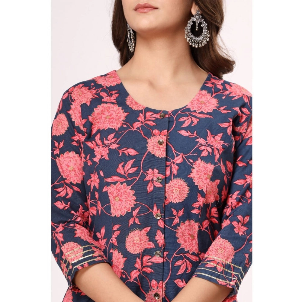 Amfyn Women's Casual 3/4th Sleeve Floral Printed Cotton Flex Kurti (Navy Blue-Pink)