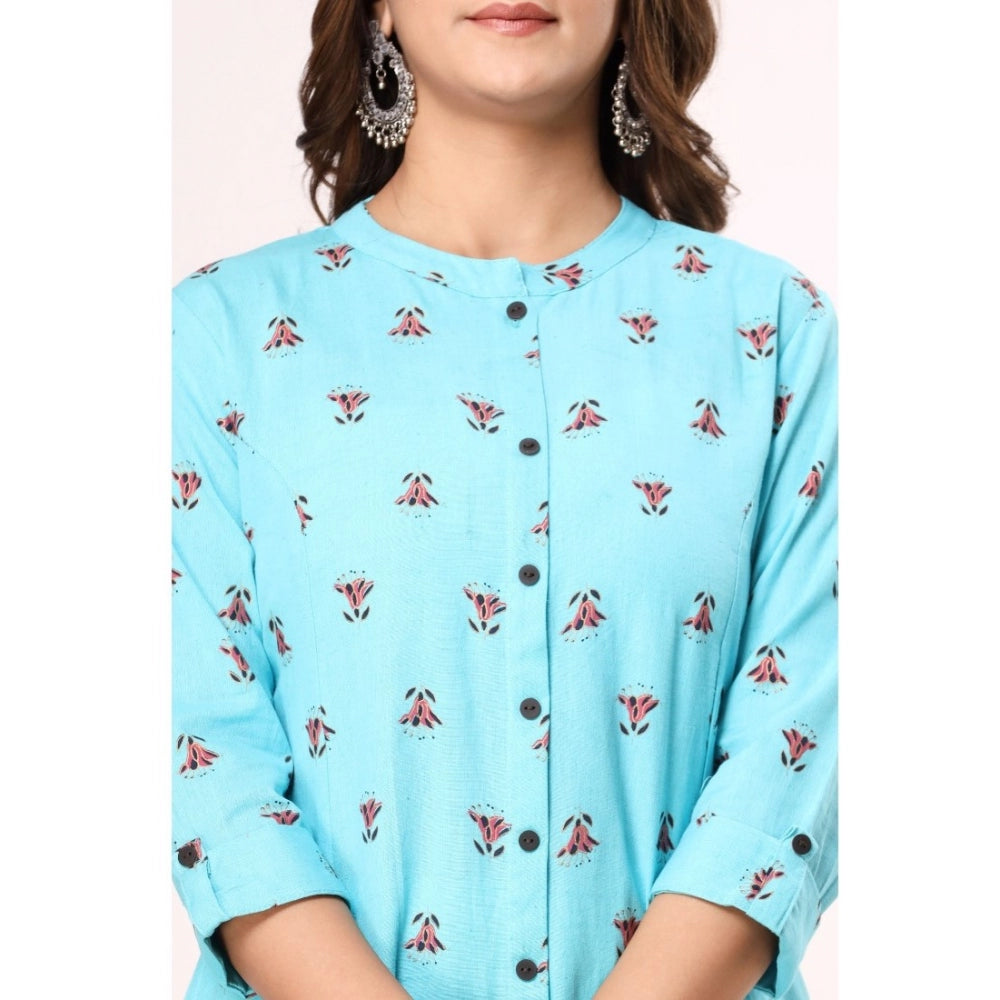 Amfyn Women's Casual 3/4th Sleeve Floral Printed Cotton Flex Kurti (Blue)