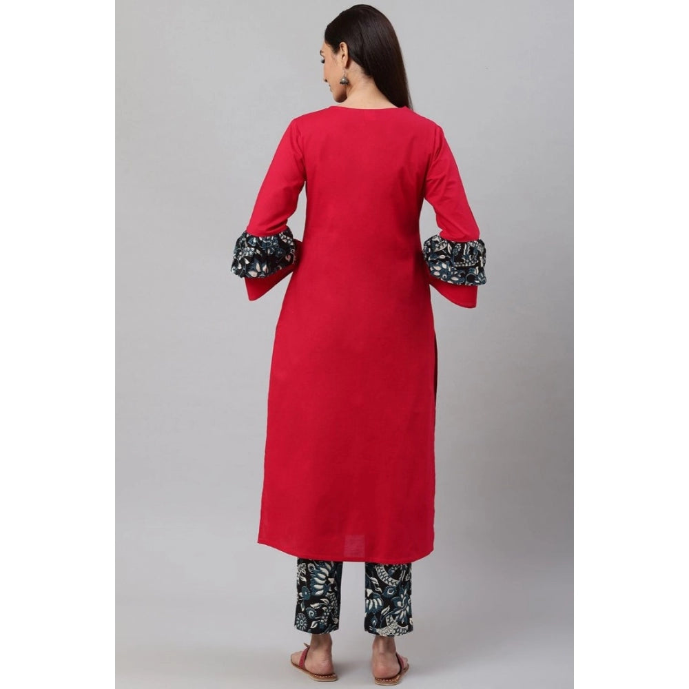 Amfyn Women's Casual Bell Sleeves Floral Printed Cotton Kurti Set (Rani Pink)