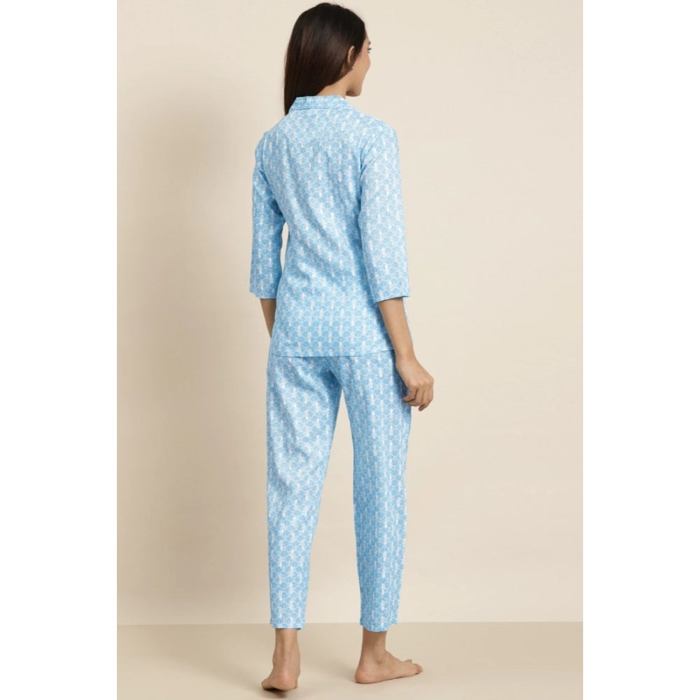 Amfyn Women's Casual 3/4 th Sleeve Floral Printed Rayon Shirt With Pyjama Pant Night Suit Set (Blue)