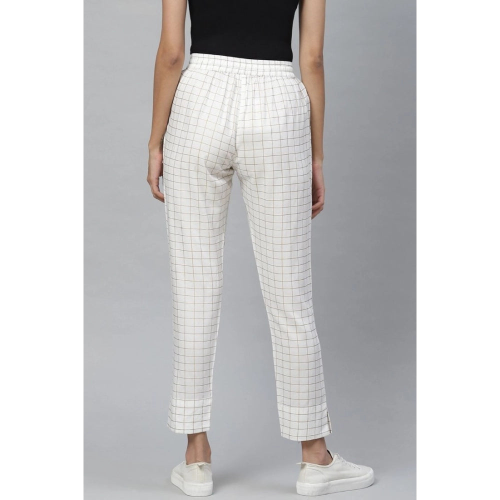 Fashion Women's Casual Checkered Rayon Trouser Pant (White)