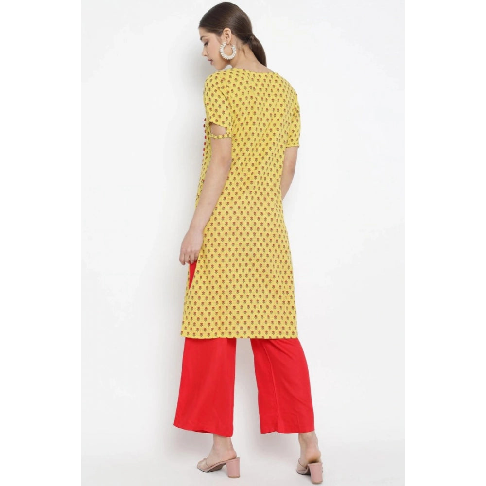 Amfyn Women's Casual Short Sleeves Floral Printed Cotton & Rayon Kurti Palazzo Set (Yellow & Red)