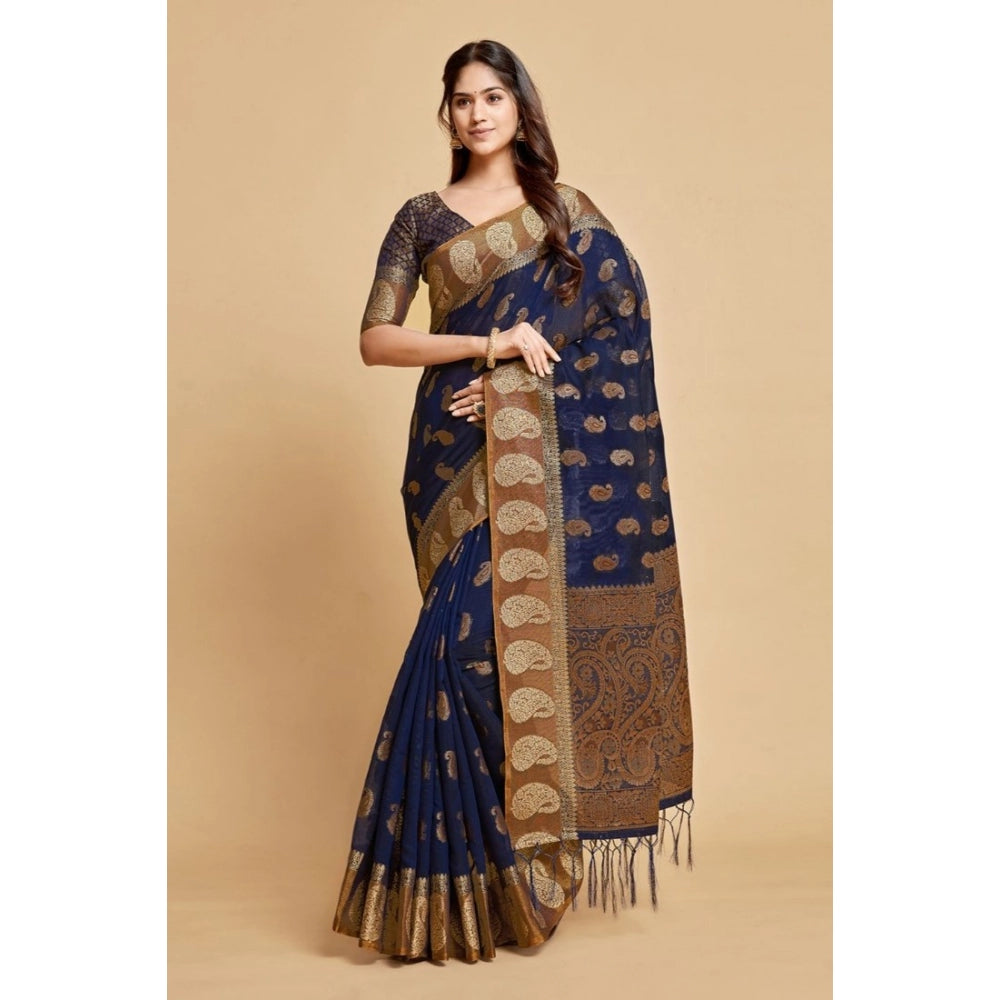 Amfyn Women's Chanderi Cotton Printed Saree With Unstitched Blouse (Navy Blue, 5-6 Mtrs)
