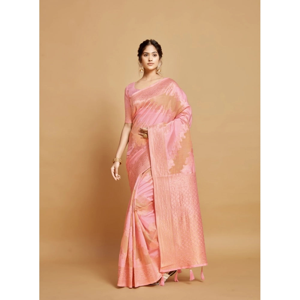 Amfyn Women's Linen Printed Saree With Unstitched Blouse (Pink, 5-6 Mtrs)