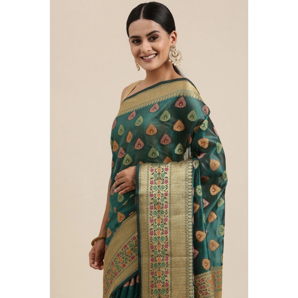 Amfyn Women's Organza Printed Saree With Unstitched Blouse (Sea Green, 5-6 Mtrs)