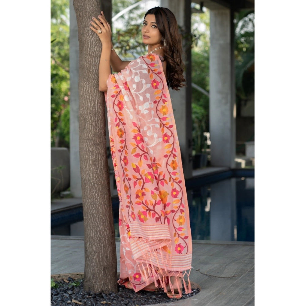 Amfyn Women's Cotton Printed Saree With Unstitched Blouse (Peach, 5-6 Mtrs)